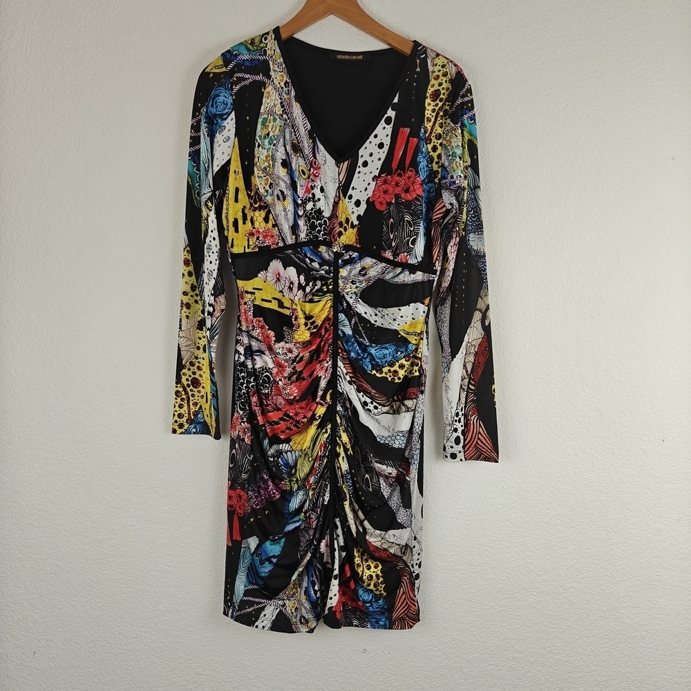 Roberto Cavalli Patchwork Print Ruched Bodycon Mini Dress Y2K Luxe Statement M